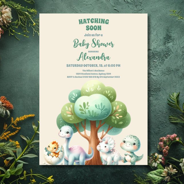 Rustic Greenery Cute Teal Dinosaur Baby Shower Invitation (Creator Uploaded)