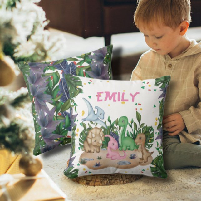 Rustic Greenery Dinosaur Name Throw Pillow (Creator Uploaded)