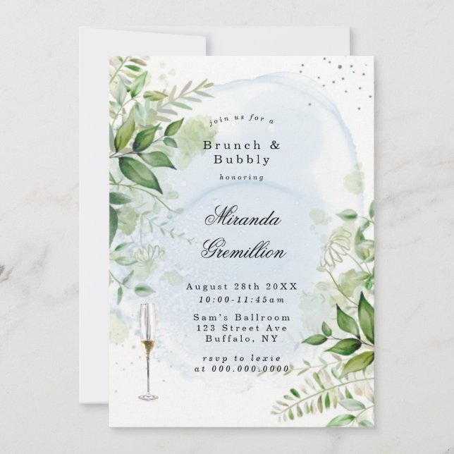 Rustic Greenery Dusty Blue Airy Brunch & Bubbly In Invitation (Front)