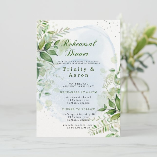 Rustic Greenery Dusty Blue Airy Rehearsal Dinner I Invitation (Standing Front)