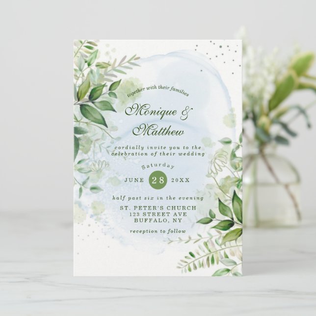 Rustic Greenery Dusty Blue Airy Wedding Invitation (Standing Front)