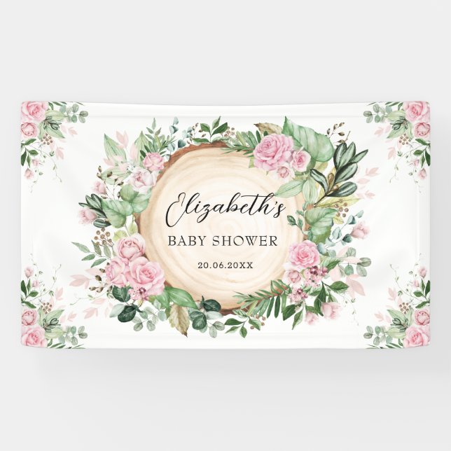 Rustic Greenery Dusty Pink Floral Baby Shower Banner (Horizontal)