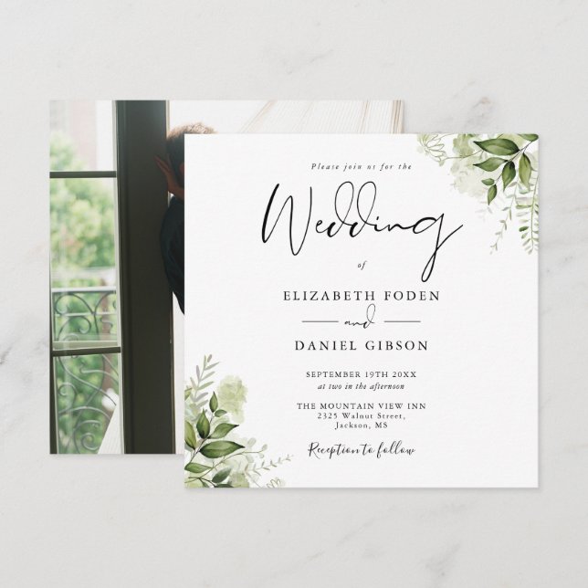 Rustic Greenery Elegant Photo Square Wedding Invitation (Front/Back)