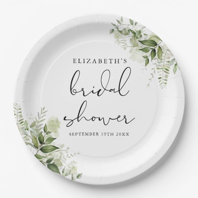Rustic Greenery Elegant Script Bridal Shower Paper Plate (Front)