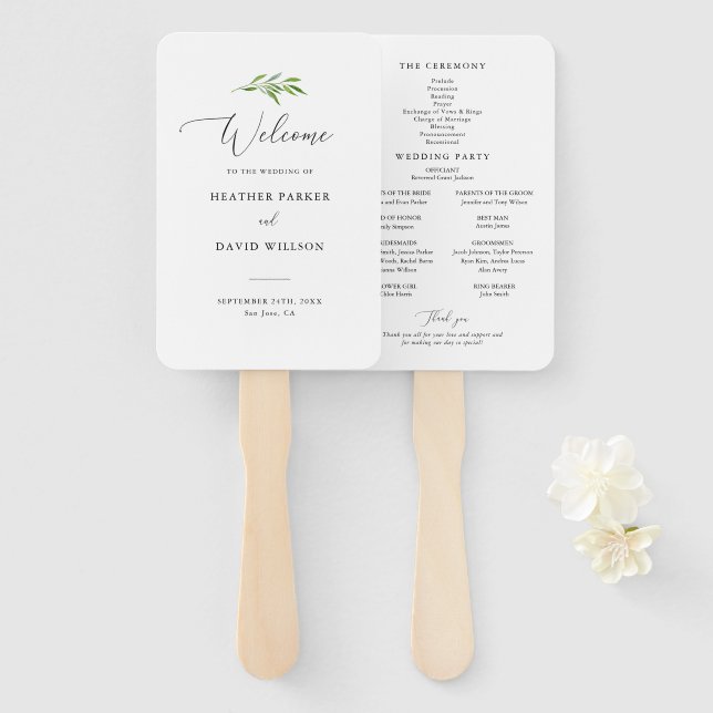 Rustic Greenery Elegant Wedding Ceremony Program Hand Fan (Front and Back)