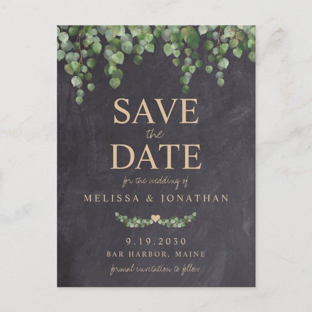 Rustic Greenery Eucalyptus Chalkboar Save The Date Announcement Postcard (Front)