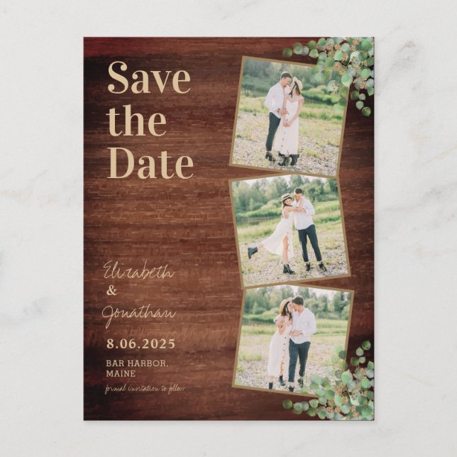 Rustic Greenery Eucalyptus Photo Save The Date Postcard (Front)
