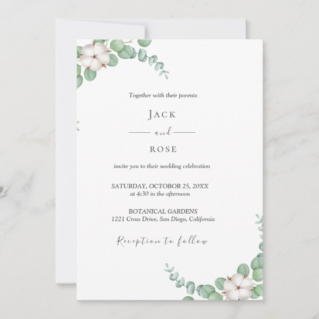 Rustic Greenery Eucalyptus Summer Wedding.  Invitation (Front)