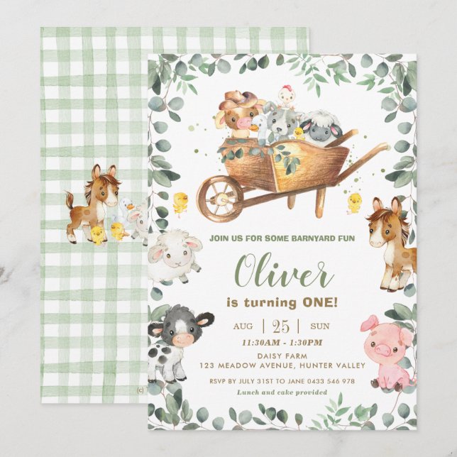 Rustic Greenery Farm Animals Barnyard Birthday Invitation (Front/Back)