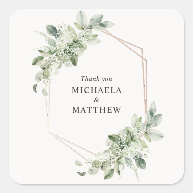 Rustic Greenery Faux Rose Gold Wedding Favour Square Sticker (Front)
