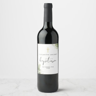 Rustic Greenery Floral Elegant Baptism Wine Label
