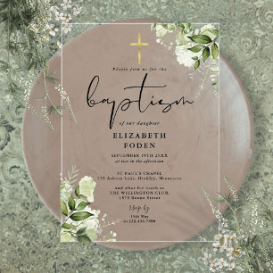 Rustic Greenery Floral Elegant Modern Baptism Acrylic Invitations