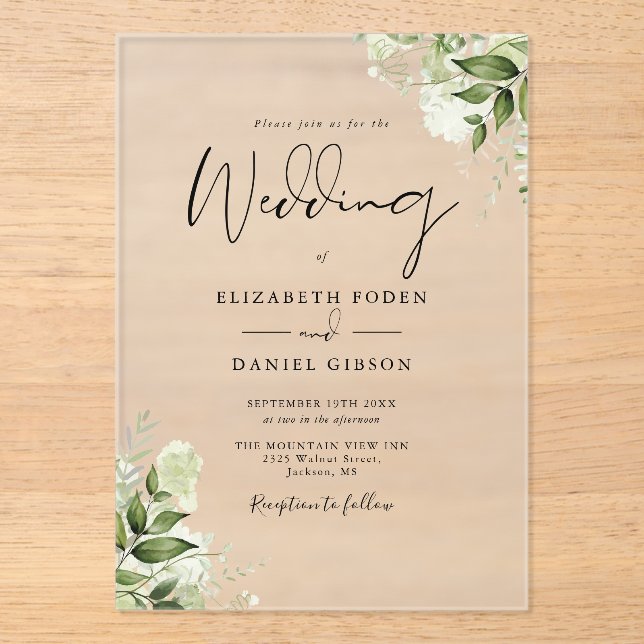 Rustic Greenery Floral Elegant Modern Wedding Acrylic Invitations (Front)