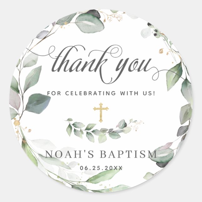 Rustic Greenery Foliage Gold Baptism Thank You Classic Round Sticker (Front)
