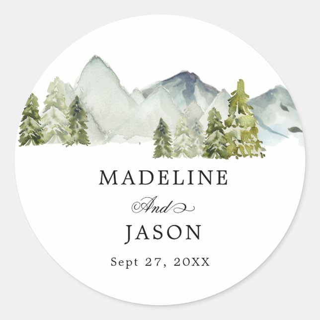 Rustic Greenery Forest Mountains Script Wedding Classic Round Sticker (Front)
