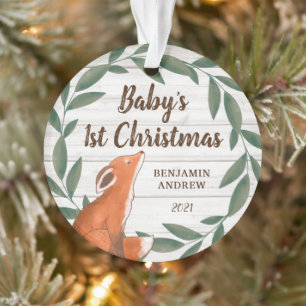 Rustic Greenery Fox Baby's First Christmas Photo Ornament