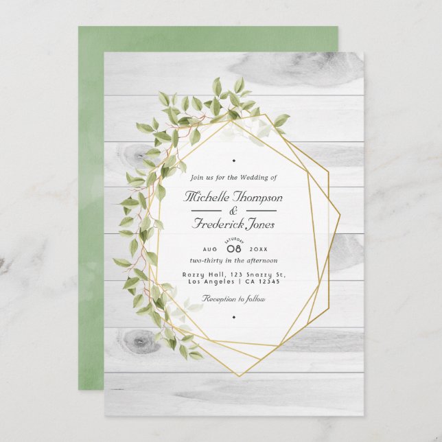 Rustic Greenery Geometric QR Code RSVP Wedding Invitation (Front/Back)