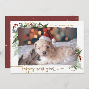 Rustic Greenery Gold Dry Brush Effect New Year Holiday Card