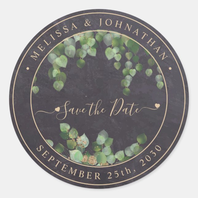  Rustic Greenery Gold Wedding Save The Date Classic Round Sticker (Front)