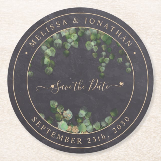  Rustic Greenery Gold Wedding Save The Date Round Paper Coaster (Front)