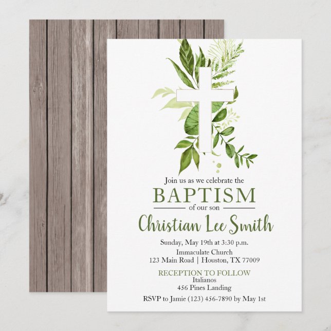 Rustic Greenery Green Cross Boy Baptism Invitation (Front/Back)