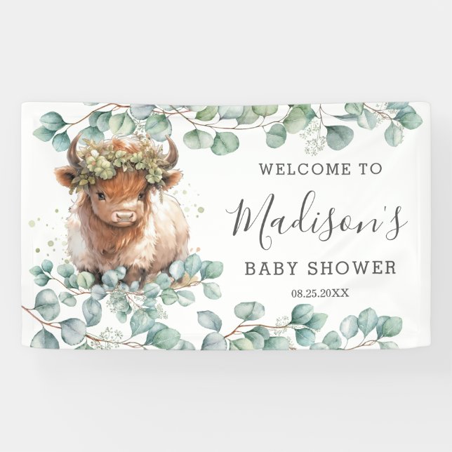 Rustic Greenery Highland Cow Baby Shower Welcome Banner (Horizontal)