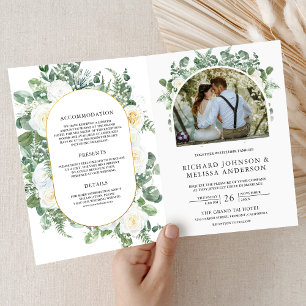 Rustic Greenery Ivory Floral Photo QR Code Wedding Invitation