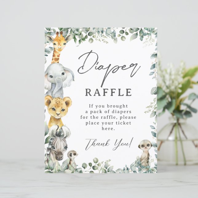 Rustic Greenery Jungle Animals Baby Diaper Raffle  (Standing Front)