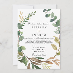 Rustic Greenery Leaf Wreath Modern Wedding Invitation