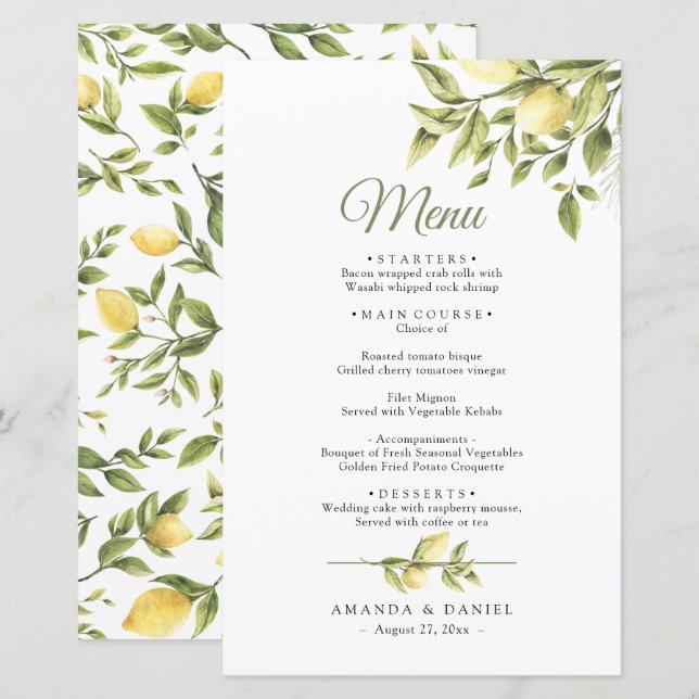 Rustic Greenery Lemons  Wedding Menu (Front/Back)