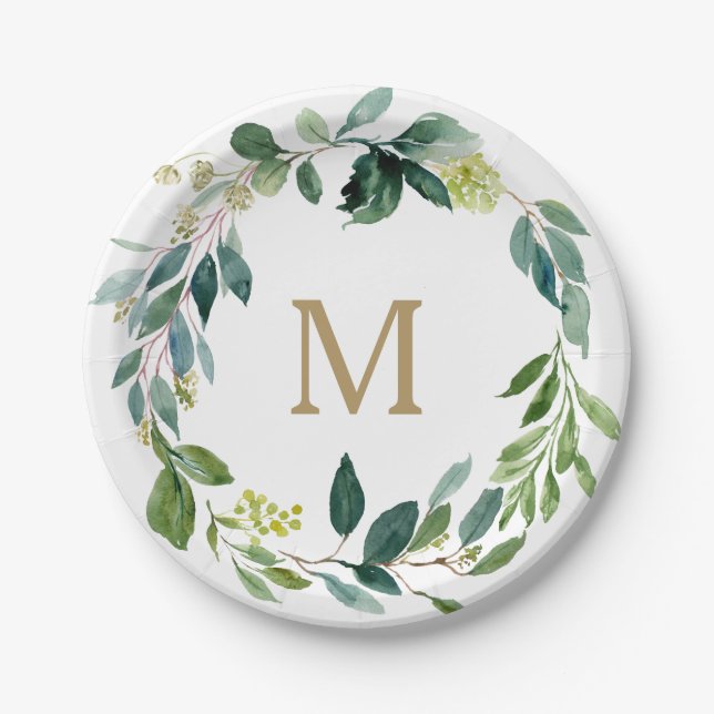 Rustic Greenery Monogram Paper Plates (Front)