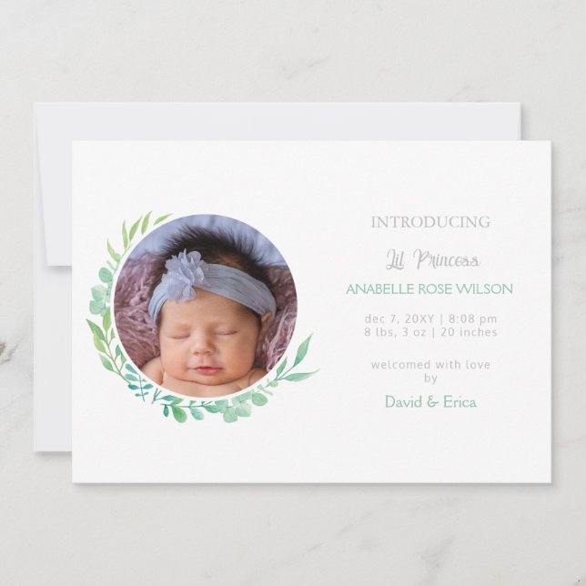 Rustic Greenery Photo Birth Announcement (Front)