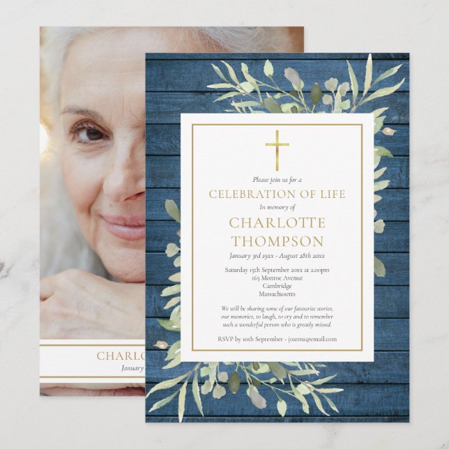 Rustic Greenery Photo Celebration of Life Funeral Invitation (Front/Back)