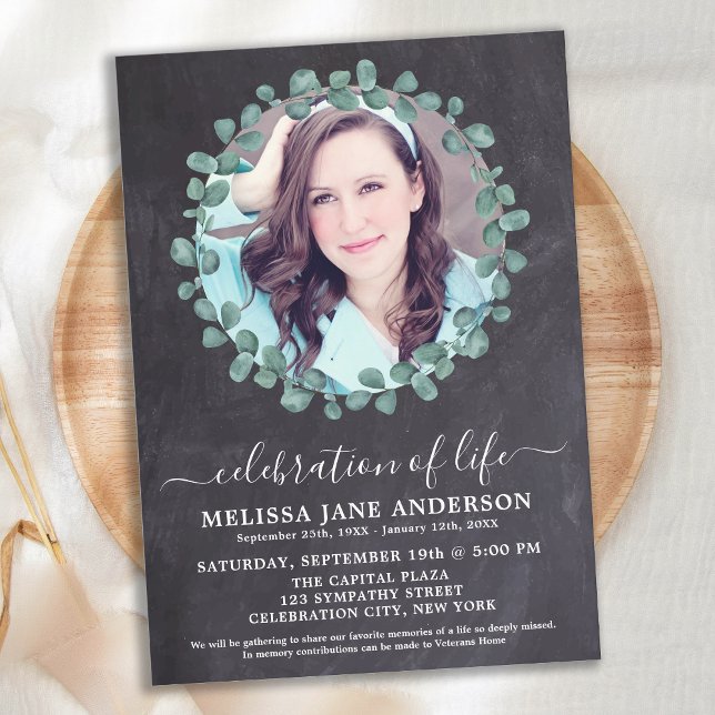 Rustic Greenery Photo Slate Celebration Of Life Invitation (Creator Uploaded)