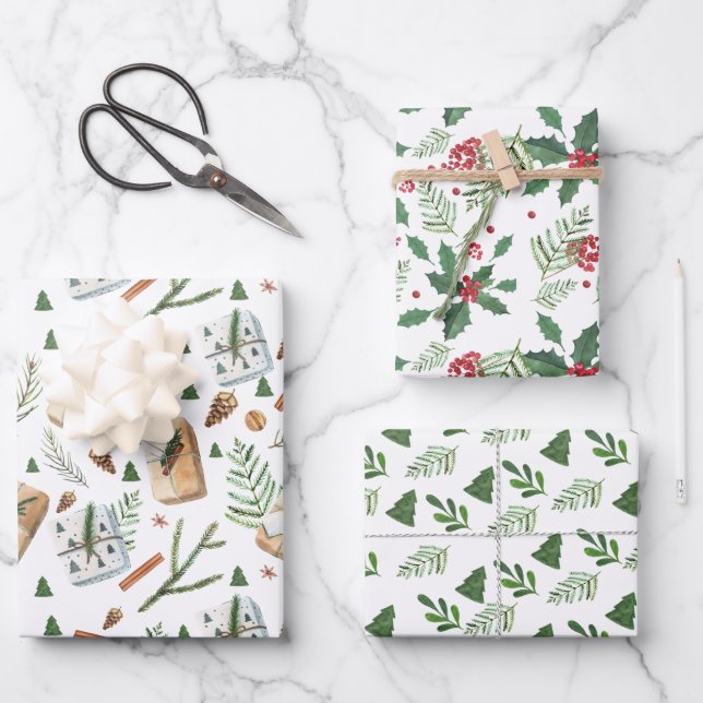 Rustic Greenery Pine Christmas Berry Holiday Boho Wrapping Paper Sheet (Front)