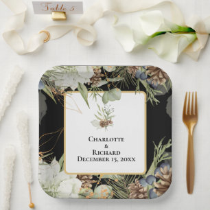 Rustic Greenery & Pinecones on Black Paper Plate