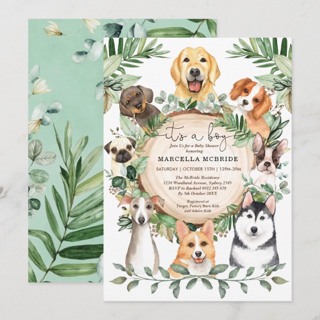 Rustic Greenery Puppy Dogs Boy Baby Shower Invitation (Front/Back)