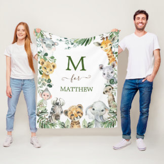 Rustic Greenery Safari Wild Animals Baby Boy Fleece Blanket