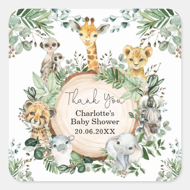 Rustic Greenery Safari Wild Animals Favours Square Sticker (Front)