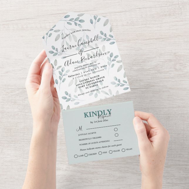 Rustic Greenery Sage Green Eucalyptus Wedding All In One Invitation (Tearaway)
