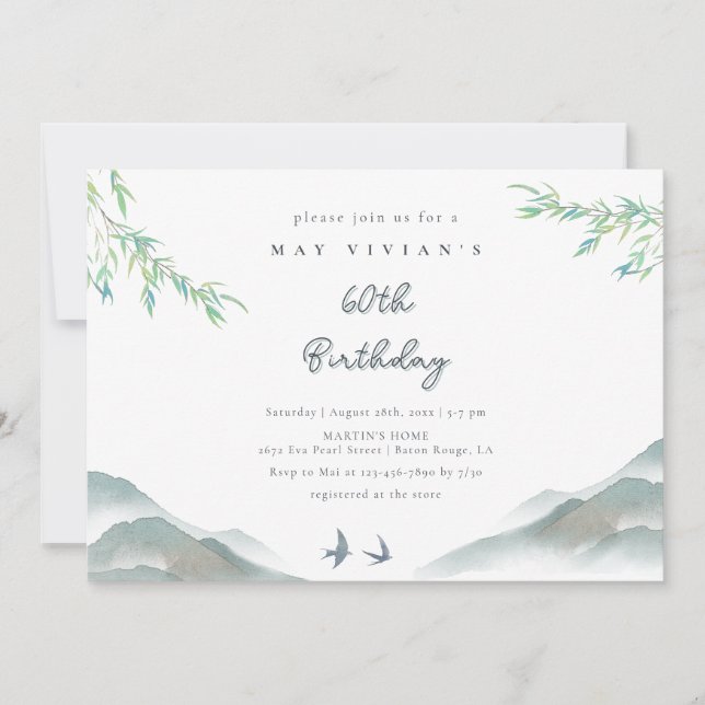 Rustic Greenery Watercolor Mountain 60th Birthday Invitation (Front)