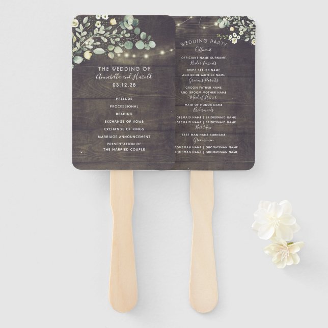 Rustic Greenery Wedding Program | Menu Hand Fan (Front and Back)