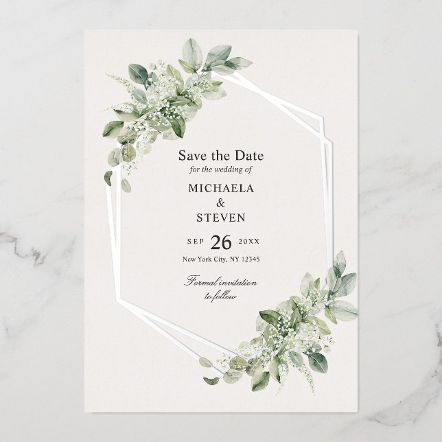 Rustic Greenery Wedding Save The Date Real Silver (Front)