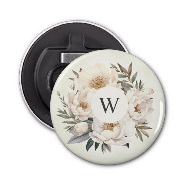 Rustic Greenery White Floral Monogram Wedding Bottle Opener (Front)