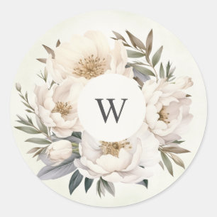 Rustic Greenery White Floral Monogram Wedding Classic Round Sticker