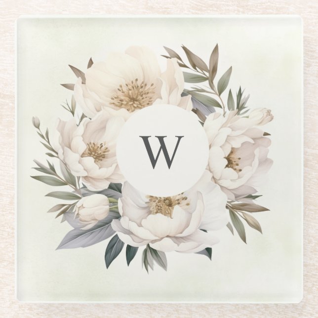 Rustic Greenery White Floral Monogram Wedding Glass Coaster (Front)