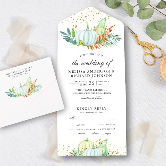 Rustic Greenery White Pumpkins Autumn Fall Wedding All In One Invitation (Creator Uploaded)