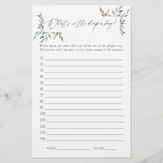 Rustic Greenery Winter Baby Shower Diaper Bag Game (Front)