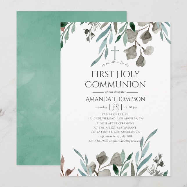 Rustic Greenery Winter First Holy Communion Invitation (Front/Back)