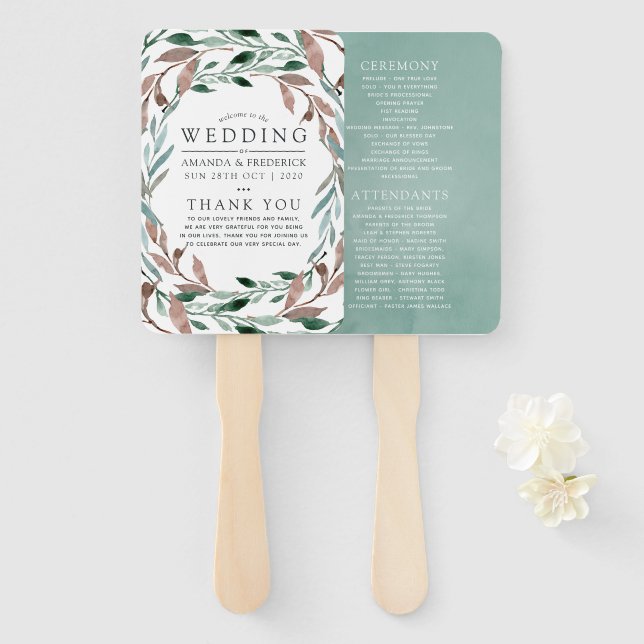 Rustic Greenery Winter Wedding Program Hand Fan (Front and Back)